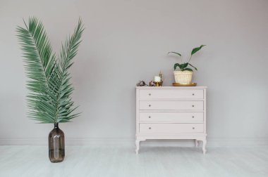 Geniş bir odada ev bitkileri ve dekorasyonu olan şık çekmeceler.