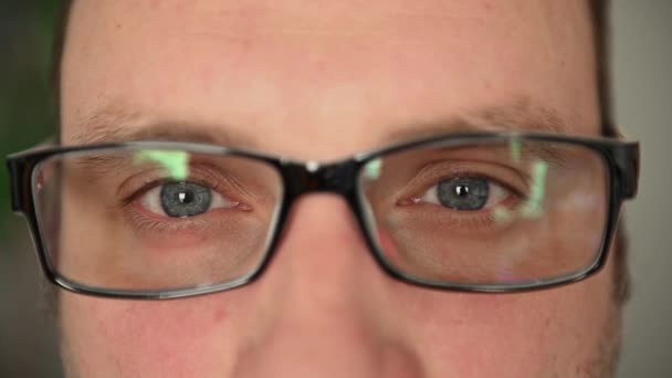Τα μάτια ενός άντρα με γυαλιά από κοντά. Υπάρχουν συναισθήματα στο πρόσωπο. Μυς προσώπου — Αρχείο Βίντεο