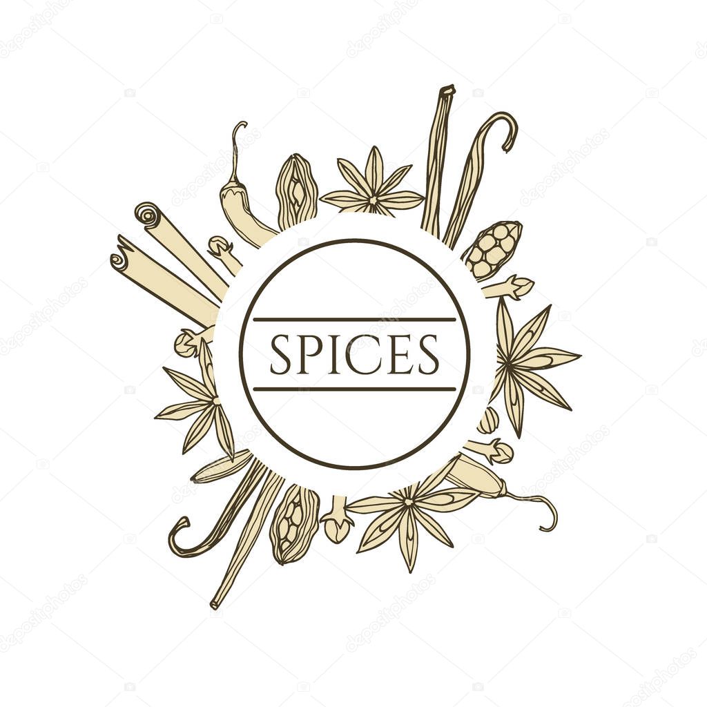 Vector emblem with hand drawn spices. Beautiful food design elements, round layout. Perfect for any business related to the food industry.