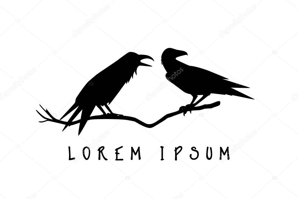 Vector logo template with two hand drawn ravens sitting on the branch.  Silhouette style, beautiful design elements.