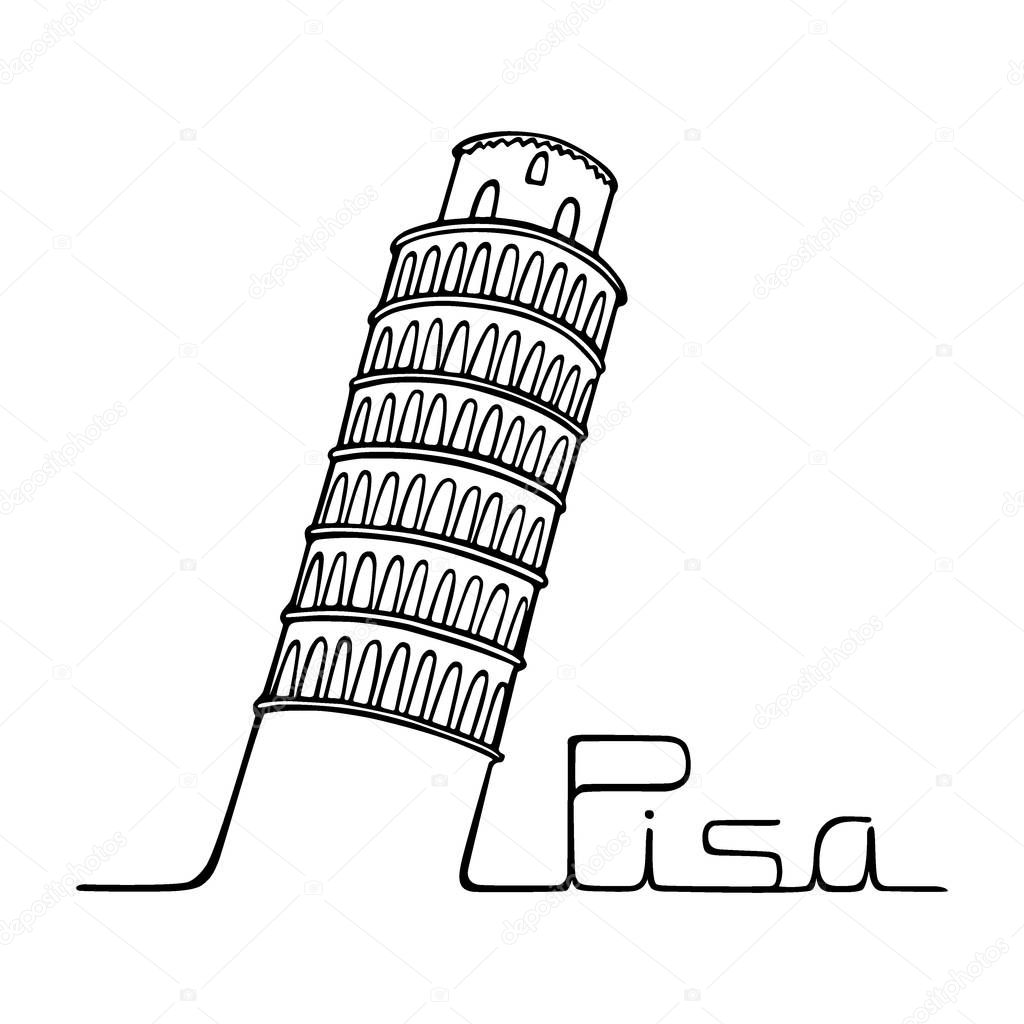 Vector city poster of Pisa. Hand drawn leaning tower of Pisa connected with city name by line. Beautiful travel design elements.