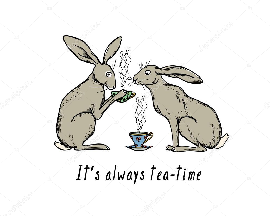 Download Vector Illustration Of Hand Drawn Cute Hares Drinking Tea With A Quote From Alice In Wonderland Beautiful Ink Drawing Made In Retro Style Perfect Design Elements For Easter Celebration Premium Vector