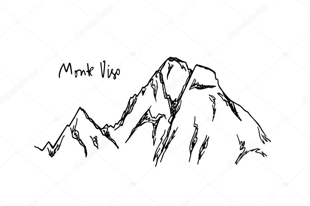 Vector illustration of hand drawn Alpine peak Monte Viso. Ink drawing, graphic style. Perfect for travel, sport or spiritual designs.