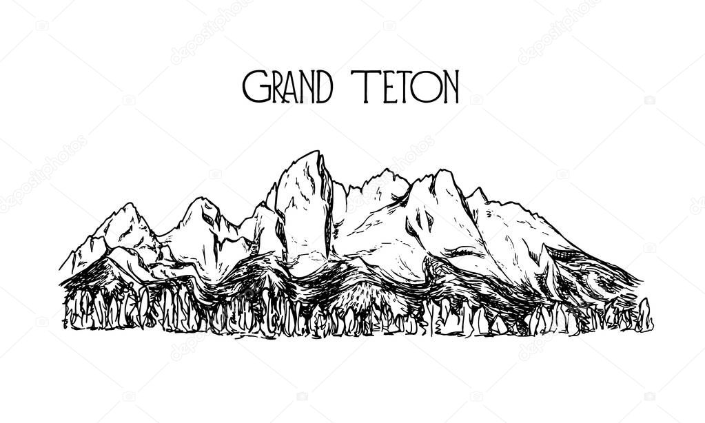 Vector illustration of hand drawn mountain in American Grand Teton National Park. Ink drawing, graphic style. Perfect for travel, sport or spiritual designs.