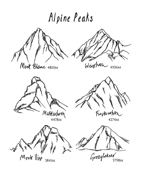 Picos de montaña dibujados a mano — Vector de stock