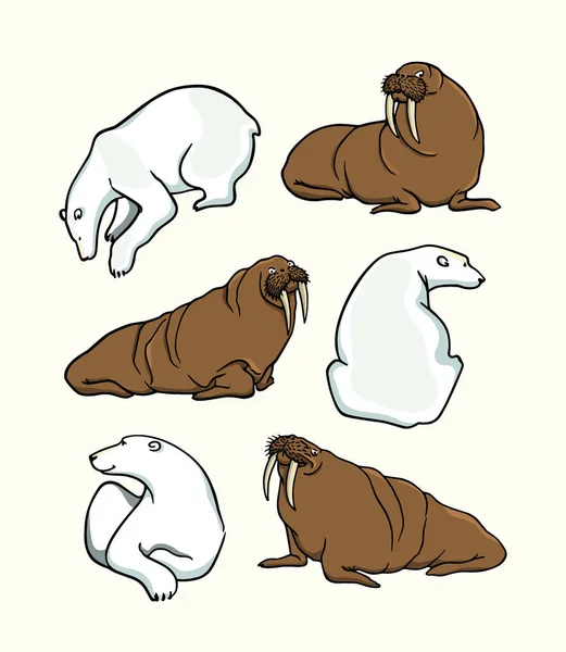 Tarjeta vectorial con animales polares dibujados a mano — Vector de stock