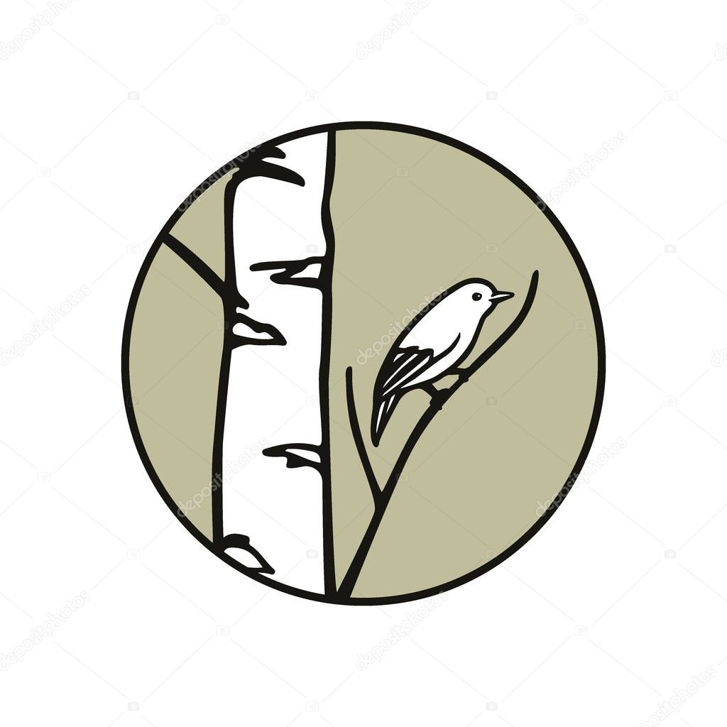 Vector round emblem with hand drawn bird sitting on a birch branch. Ink drawing, graphic style. Beautiful floral design elements.