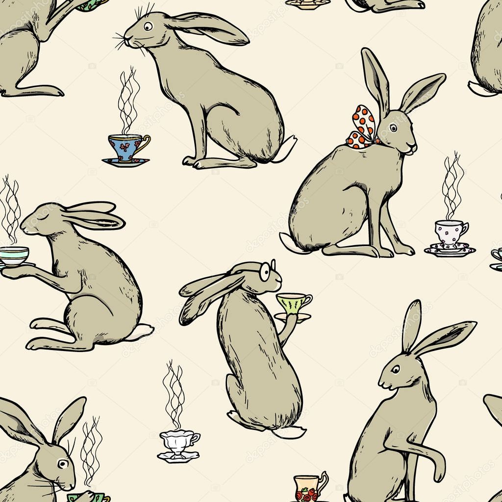 Download Vector Seamless Pattern With Hand Drawn Cute Hares With Tea Caps Ink Drawing Graphic Style Beautiful Design Elements Premium Vector In Adobe Illustrator Ai Ai Format Encapsulated Postscript Eps Eps Format