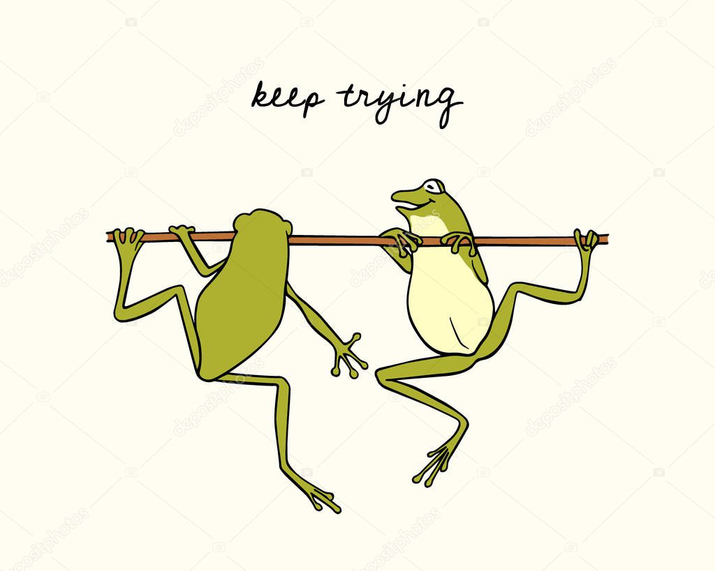 Vector illustration of hand drawn cute frogs, one of them trying to climb the branch, the other has already succeeded. Beautiful design elements, ink drawing, funny motivation illustration.