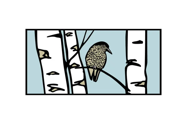 Elle çizilmiş huş ağacı ve bir kuş — Stok Vektör