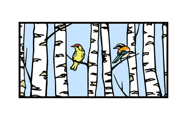 手绘桦木树和鸟 — 图库矢量图片