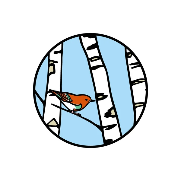 Abedul dibujado a mano y un pájaro — Vector de stock