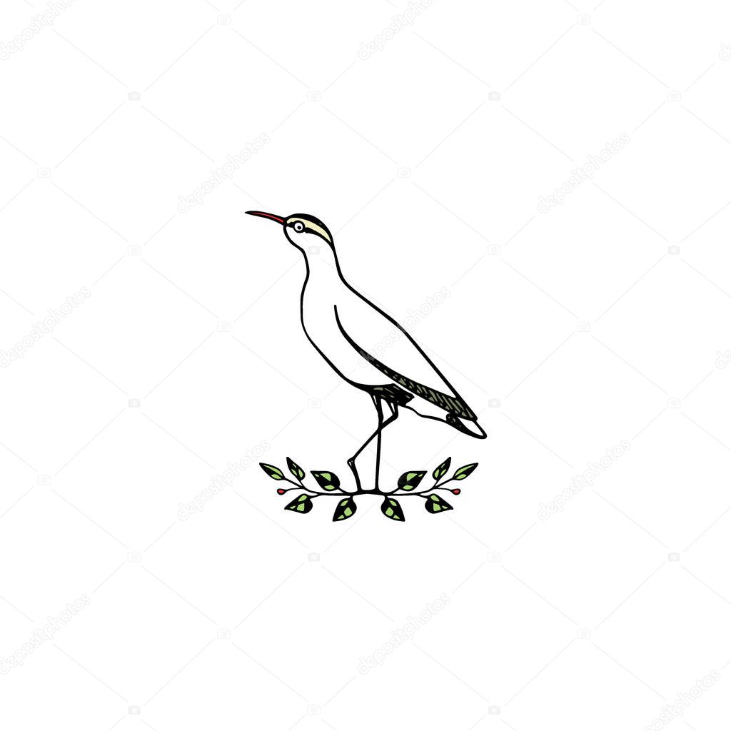 Vector illustration of hand drawn cute sandpiper in floral laurel. Beautiful animal design elements, ink drawing, logo template