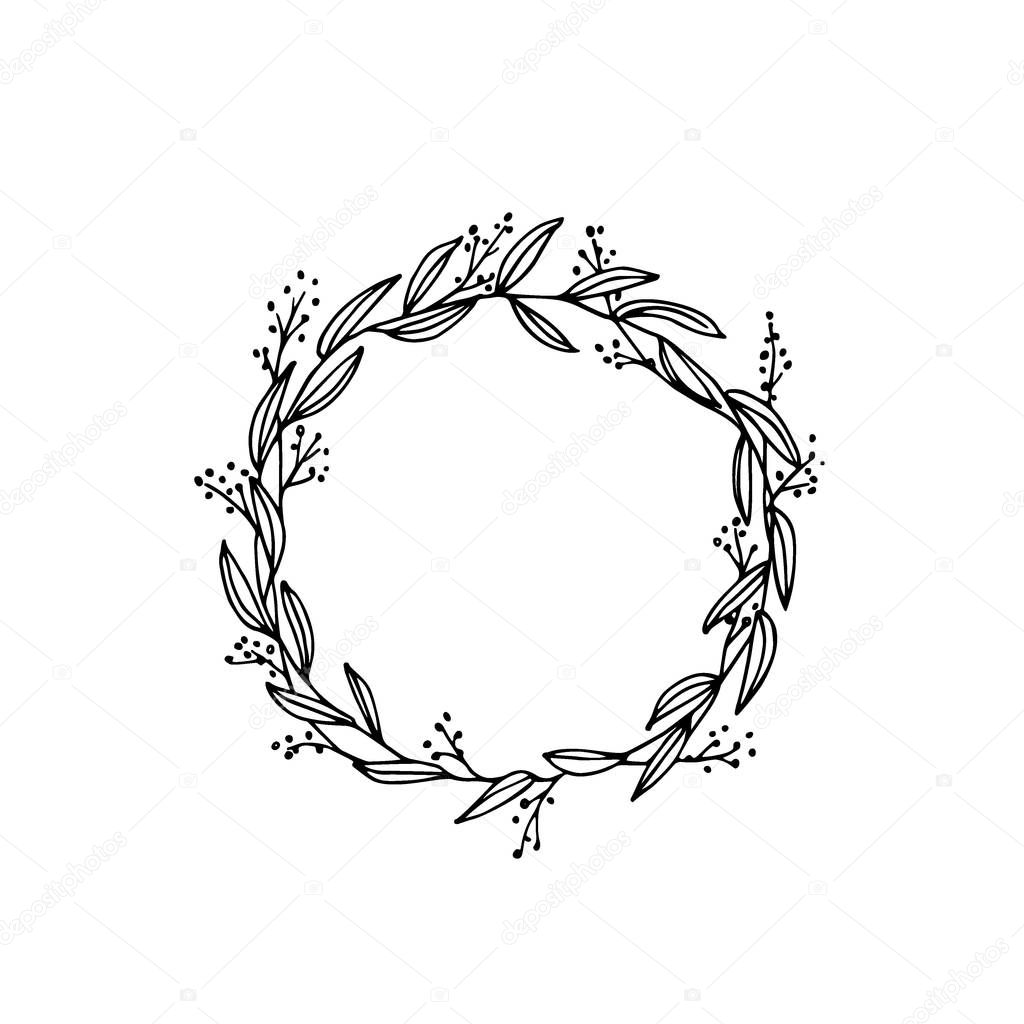 Vector illustration of hand drawn floral wreath. Ink drawing, graphic style, beautiful wedding design element