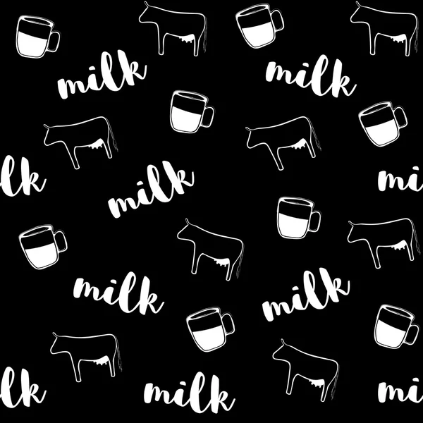 Motif vectoriel sans couture avec tasses, vaches et lettrage au lait. Contexte de la ferme laitière. Illustration vectorielle — Image vectorielle