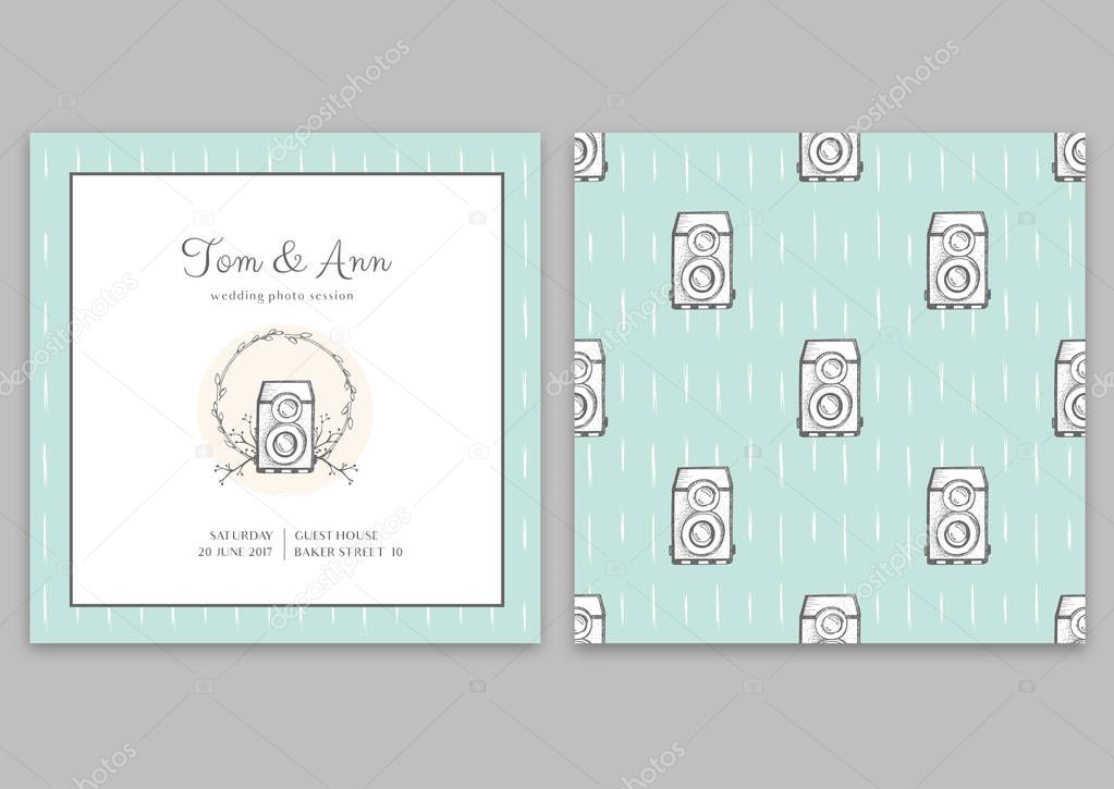 Vector template of wedding photo session certificate. Blue pattern with cameras. Invitation template