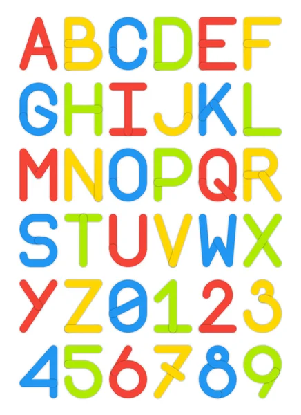 Caratteri inglesi carattere carattere carattere lettere maiuscole e numeri stile moderno sans serif colorato rosso giallo blu verde vettoriale illustrazione — Vettoriale Stock