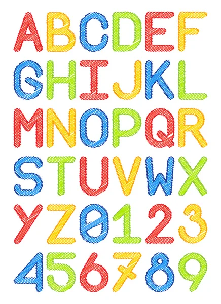 Engelse lettertype lettertype hoofdletters en cijfers potlood lijnen kleurrijke rood geel blauw groen vectorillustratie — Stockvector