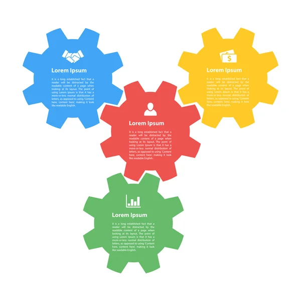 Concepto infográfico: ilustración de vectores de proceso de diagrama de estilo sólido de cuatro engranajes — Vector de stock