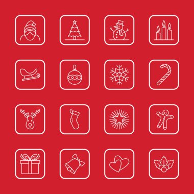 Vektör çizim - beyaz anahat yuvarlatılmış dikdörtgen çerçeve ile Noel ve yeni yıl Icon set