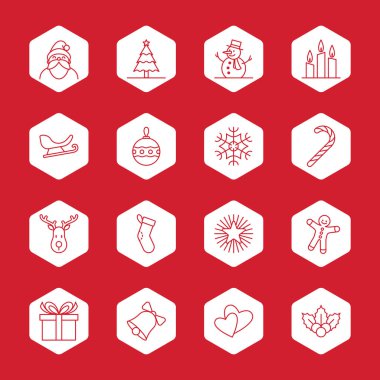 Vektör çizim - Anahat Beyaz altıgen üzerinde Noel ve yeni yıl Icon set