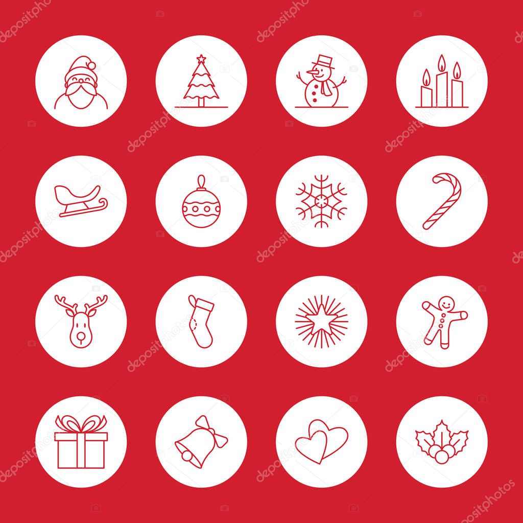 Christmas and new year icon set vector illustration - outline on white circle