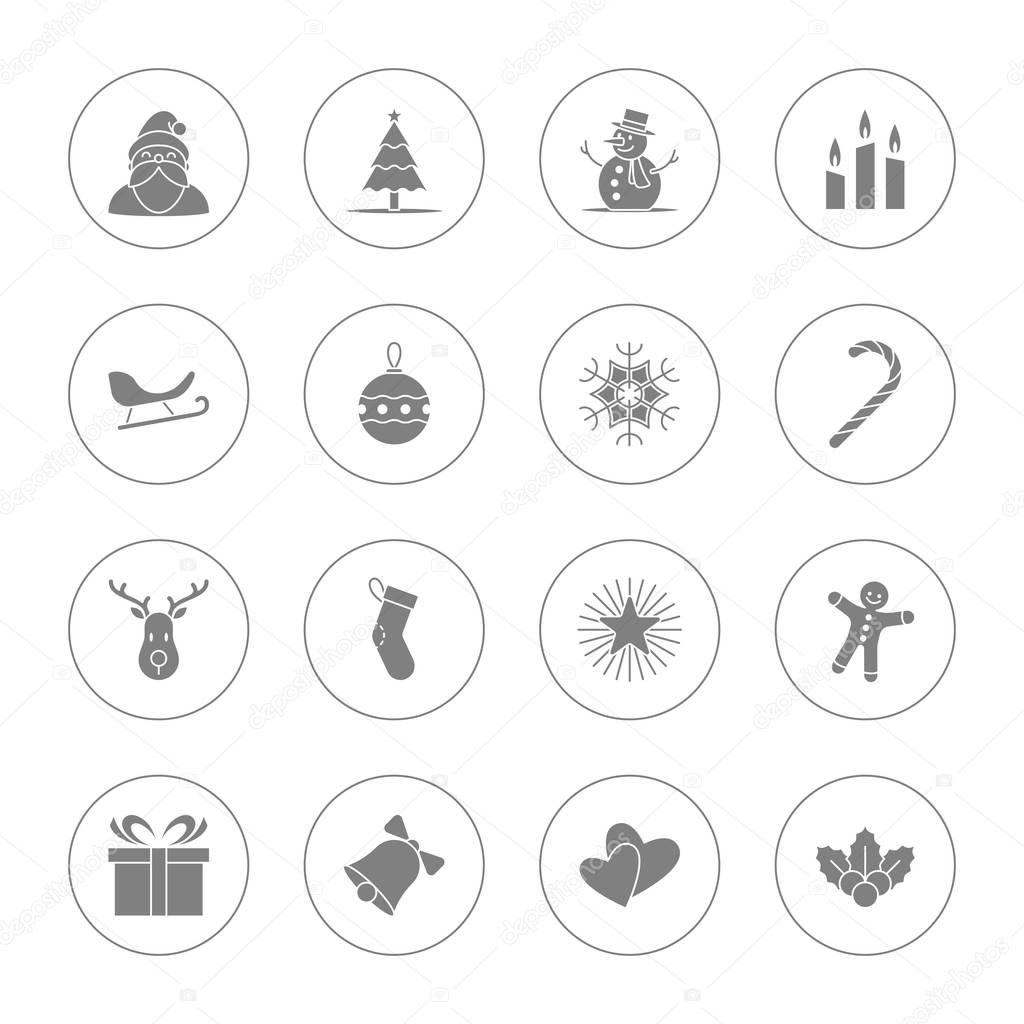 Christmas and new year icon set vector illustration - gray with circle frame