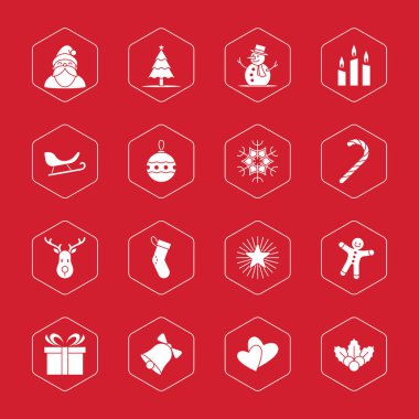 Vektör çizim - altıgen çerçeve ile beyaz Noel ve yeni yıl Icon set