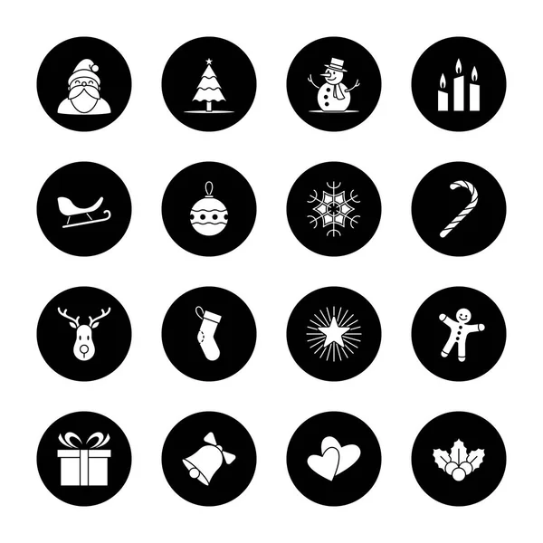 Navidad y año nuevo icono conjunto vector ilustración - círculo negro — Vector de stock