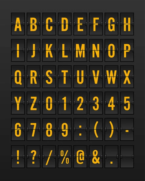 Font del pannello Flip Board meccanico dell'aeroporto - Font giallo / arancione su sfondo scuro — Vettoriale Stock