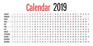 2019 takvim basit açık tasarım şablonu yatay yöndeki vektör çizim 