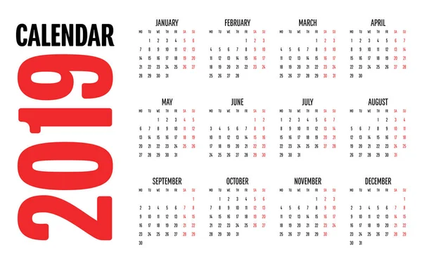 Plantilla Diseño Calendario 2019 Ilustración Vectorial Simple Semana Clara Comience — Archivo Imágenes Vectoriales