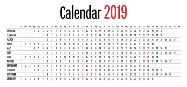 2019 Kalender Einfache Klare Design Vorlage Horizontale Richtung Vektor Illustration — Stockvektor