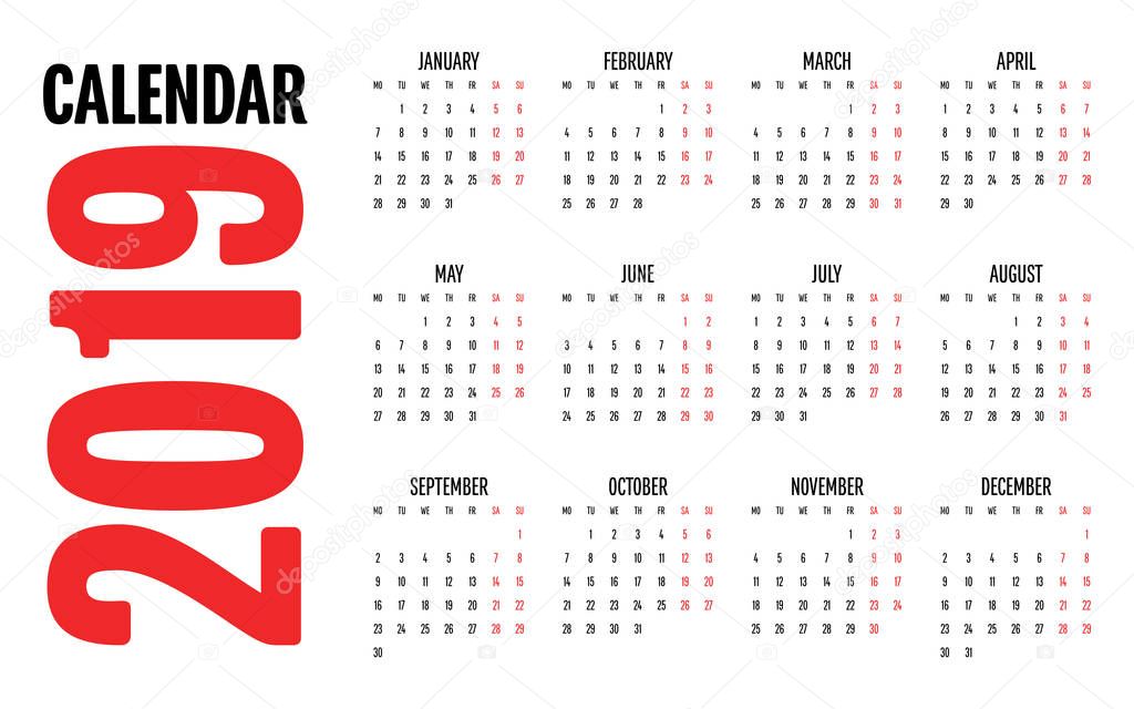 2019 Calendar Design Template Vector Illustration Simple Clear Week Start from Monday