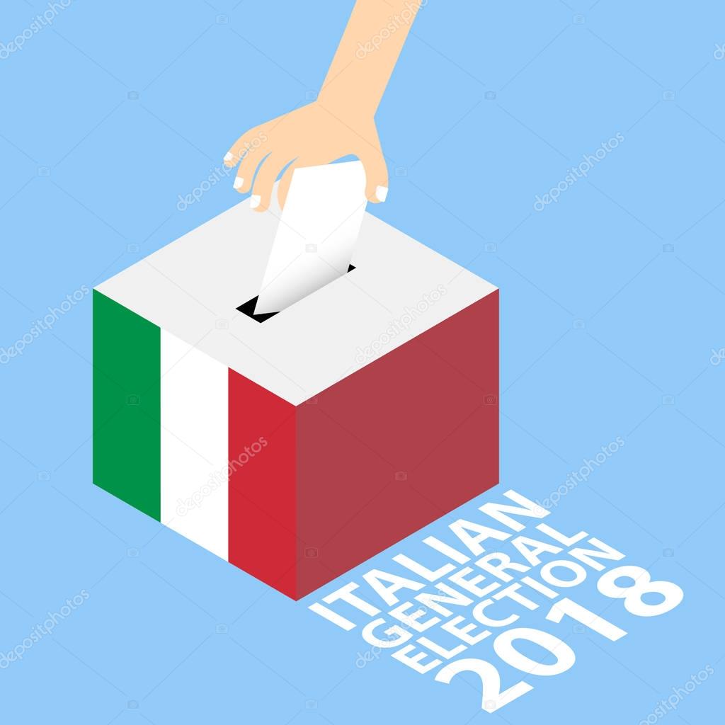 Italian General Election 2018 Vector Illustration Flat Style - Hand Putting Voting Paper in the Ballot Box