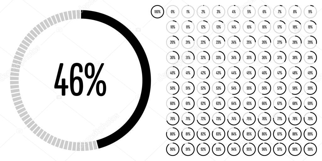 Set of circle percentage diagrams from 0 to 100 ready-to-use for web design, user interface (UI) or infographic - indicator with black
