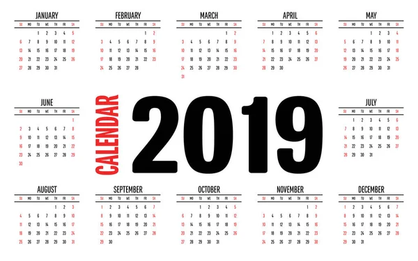 Kalenderplaner 2019 Vorlage Alle Monate Woche Beginnt Sonntag Und Zeigt — Stockvektor