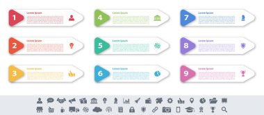 9 adım, seçenek veya süreç içeren bilgi tasarımı iş konsepti vektör çizimi iş akışı veya diyagram veya web düğmesi pankartı