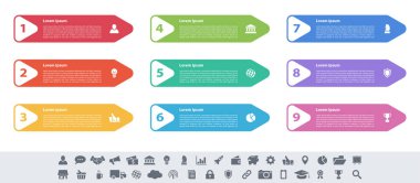 9 adım, seçenek veya süreç içeren bilgi tasarımı iş konsepti vektör çizimi iş akışı veya diyagram veya web düğmesi pankartı