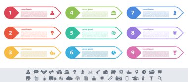 9 adım, seçenek veya süreç içeren bilgi tasarımı iş konsepti vektör çizimi iş akışı veya diyagram veya web düğmesi pankartı