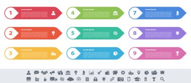 9 adım, seçenek veya süreç içeren bilgi tasarımı iş konsepti vektör çizimi iş akışı veya diyagram veya web düğmesi pankartı