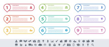 9 adım, seçenek veya süreç içeren bilgi tasarımı iş konsepti vektör çizimi iş akışı veya diyagram veya web düğmesi pankartı