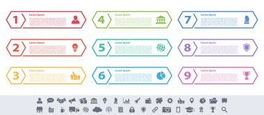 9 adım, seçenek veya süreç içeren bilgi tasarımı iş konsepti vektör çizimi iş akışı veya diyagram veya web düğmesi pankartı