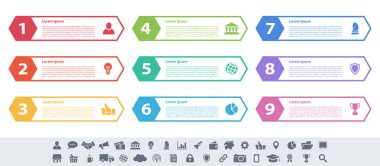 9 adım, seçenek veya süreç içeren bilgi tasarımı iş konsepti vektör çizimi iş akışı veya diyagram veya web düğmesi pankartı