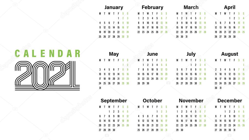 2021 Calendar template vector illustration simple design week starts on Monday indicate weekends with green