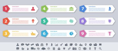 9 adım, seçenek veya süreç içeren bilgi tasarımı iş konsepti vektör çizimi iş akışı veya diyagram veya web düğmesi pankartı