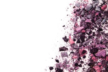 Göz farı kozmetik toz kopya alanı dağınık. Beyaz arka plan üzerinde izole çeşitli kümesi. Moda ve güzellik endüstri kavramı. Metin, doku mineral makyaj için soyut, yer