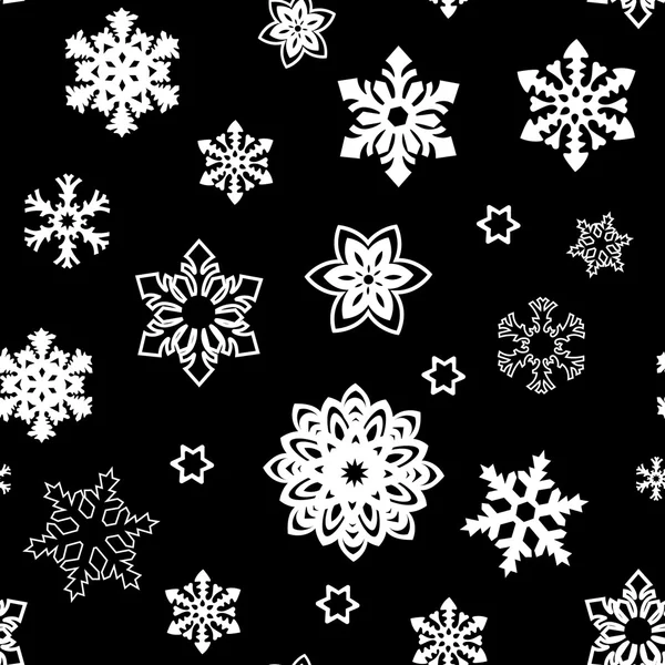 Рождественский узор из маленьких и больших снежинок, белый на чёрном. белый силуэт — стоковый вектор