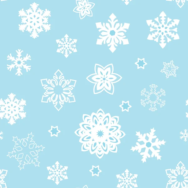 Christmas sömlösa mönster från snöflingor i olika blå nyanser på en vit bakgrund. vita siluett — Stock vektor