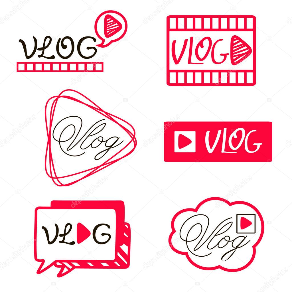 Vlog or video blogging video channel buttons set. Vector illustration.